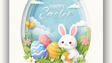 paper art style happy easter poster design with bunny eggs flowers and butterflies easter social media template