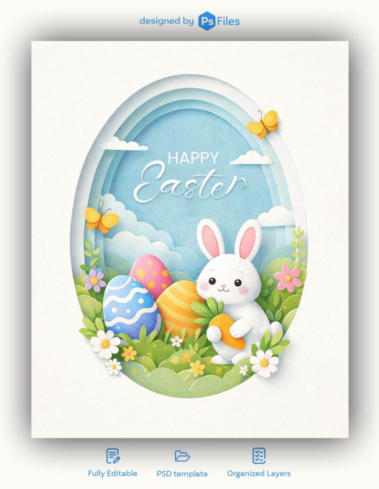 paper art style happy easter poster design with bunny eggs flowers and butterflies easter social media template