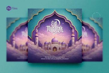 eid mubarak 2026 wishes post design with mosque clouds purple sky islamic social media template