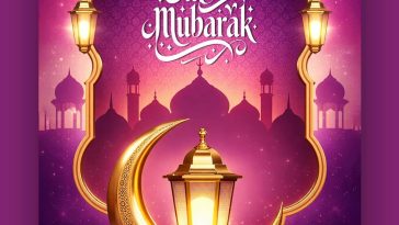 eid mubarak 2026 wishes poster design with purple background golden lantern crescent moon islamic social media template