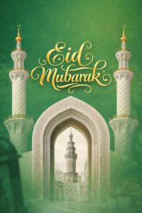 eid mubarak islamic greeting design with mosque minarets green ramadan social media poster template