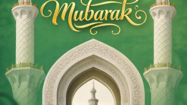eid mubarak islamic greeting design with mosque minarets green ramadan social media poster template