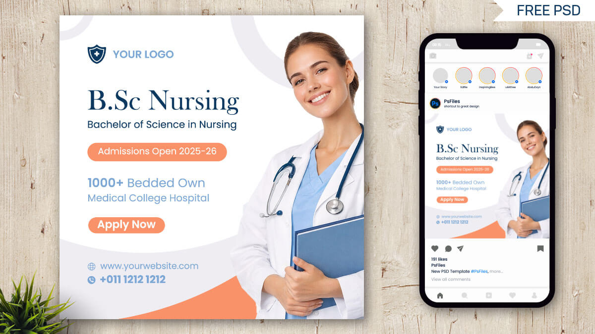 Free B.S.c Nursing Medical Education Admission Open Social Media Post PSD