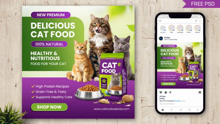 cat food social media post design PSD template pet food advertisement banner for pet shop marketing