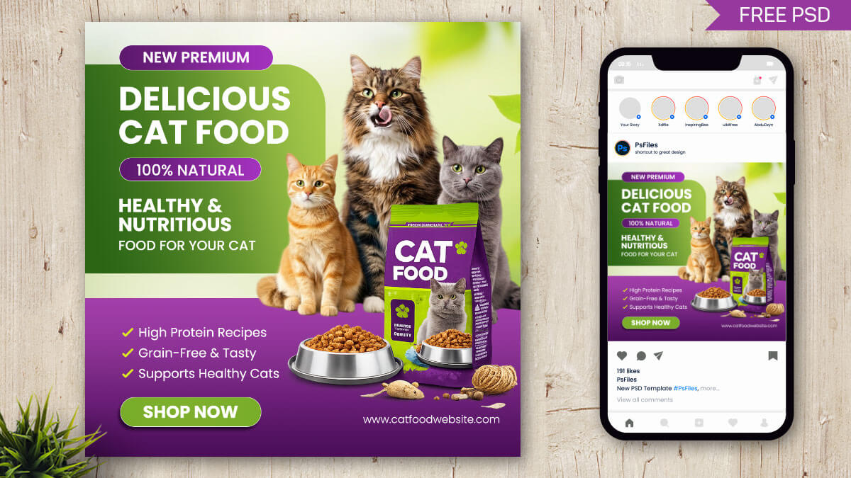 cat food social media post design PSD template pet food advertisement banner for pet shop marketing