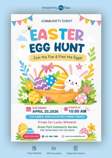 colorful easter egg hunt flyer psd template kids party poster cute bunny eggs spring event a4 design free download