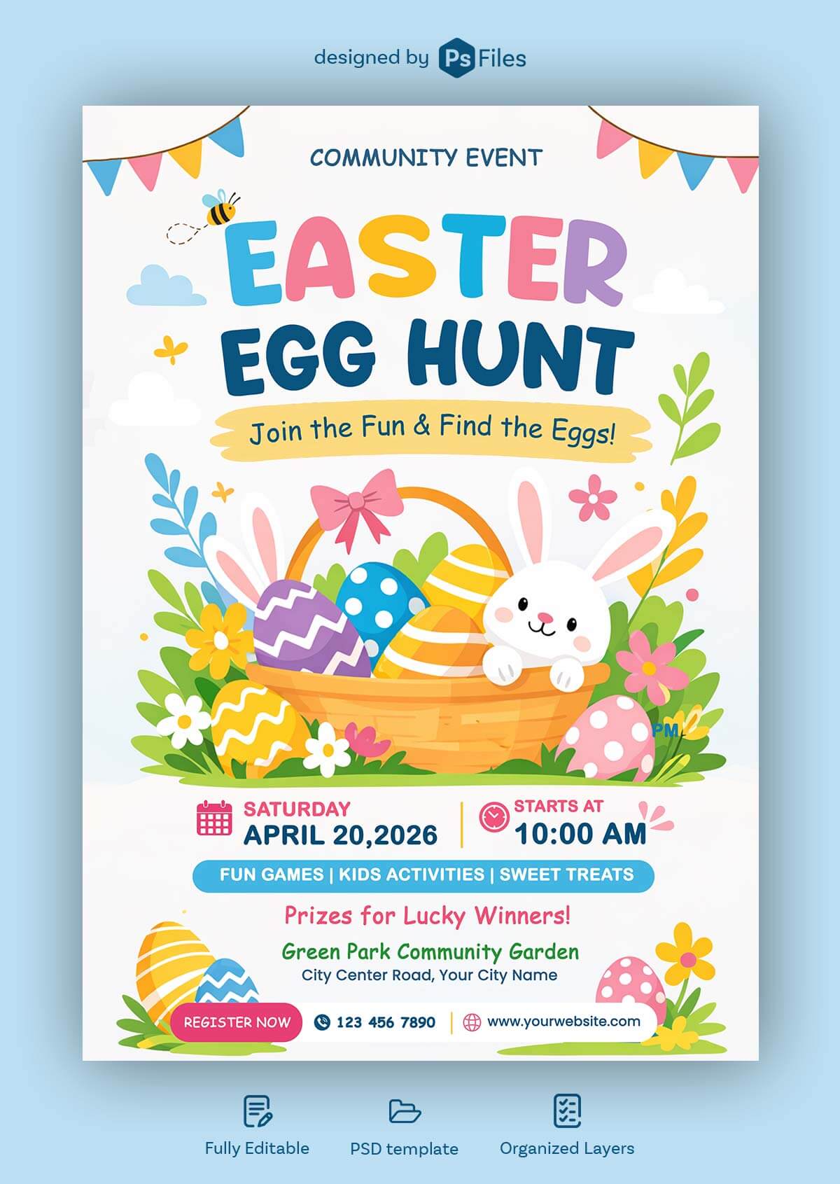 colorful easter egg hunt flyer psd template kids party poster cute bunny eggs spring event a4 design free download