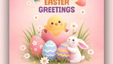 easter greetings social media flyer design with bunny chick and colorful eggs template