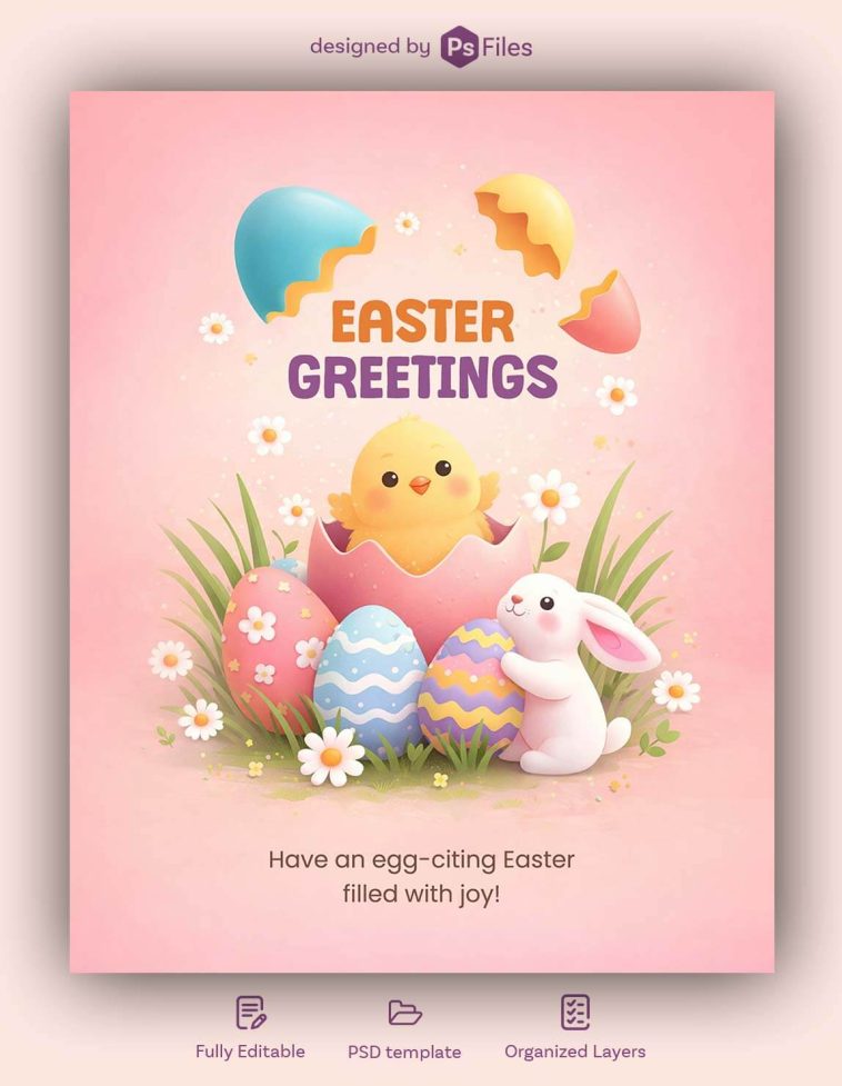 easter greetings social media flyer design with bunny chick and colorful eggs template