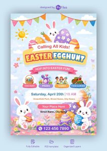 easter egg hunt party a4 flyer design PSD template with cute bunny and colorful eggs for kids event poster