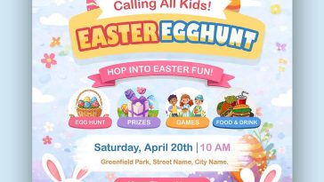 easter egg hunt party a4 flyer design PSD template with cute bunny and colorful eggs for kids event poster