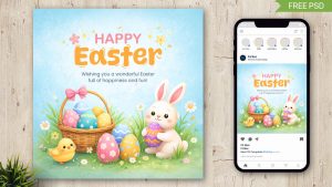 Happy Easter Greeting Design 2026 – Cute Easter Bunny and Colorful Eggs Social Media Template