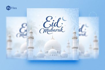 eid mubarak wishes social media post design with mosque and crescent moon islamic greeting template