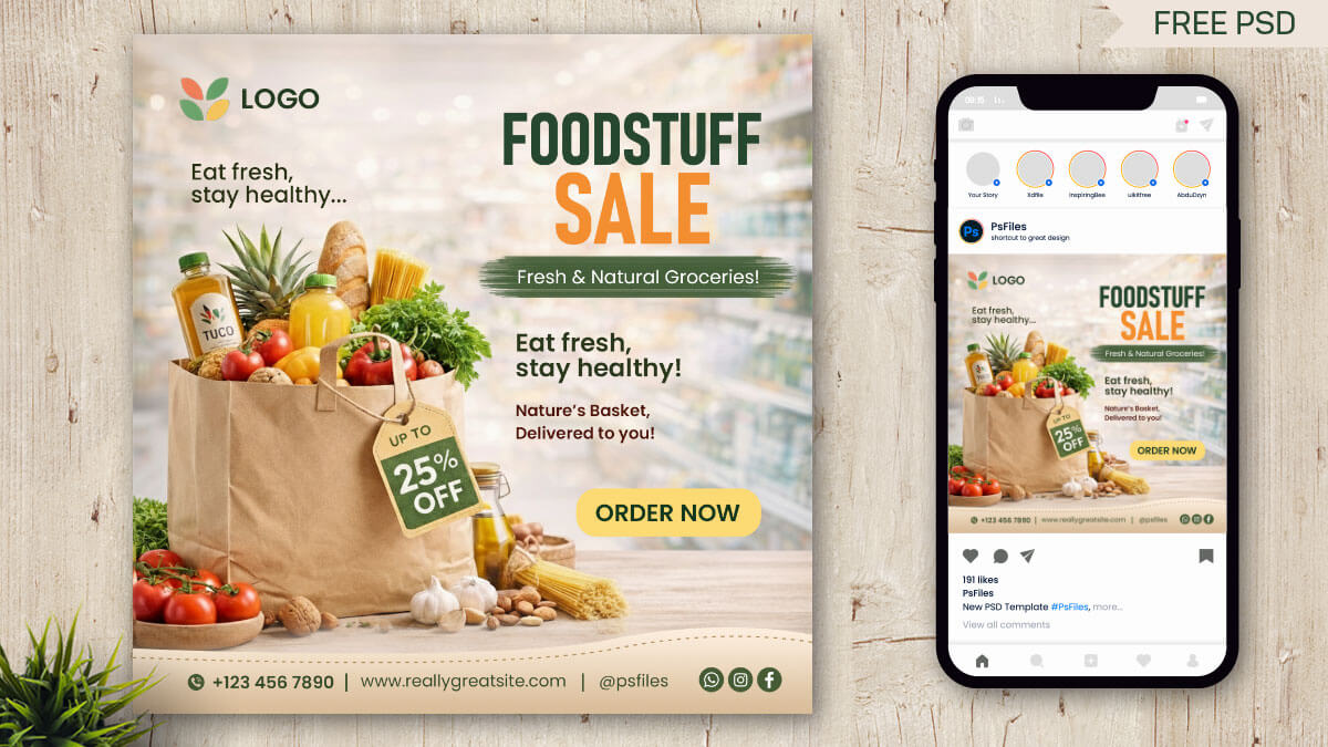 Free Foodstuff Sale Grocery Instagram Post Design PSD Template