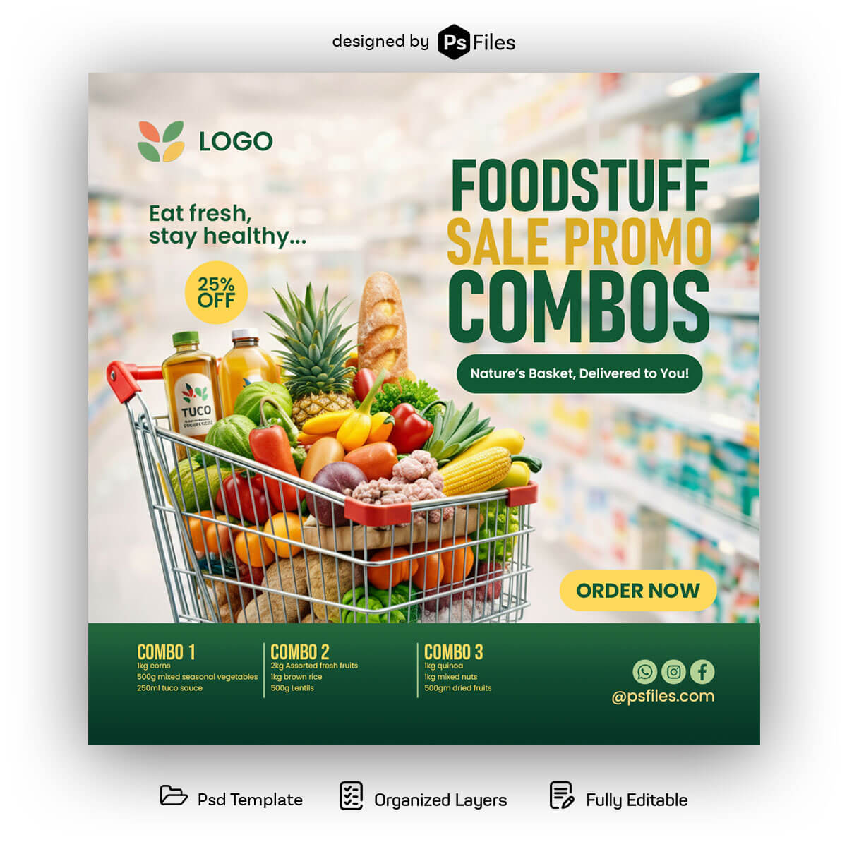 supermarket offer social media ad design psd grocery sale promo banner fresh food marketing template with shopping cart and discount offer