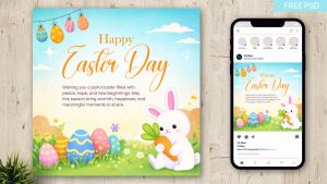 Happy Easter Day Social Media Design – Cute Bunny & Colorful Eggs Greeting Template 2026