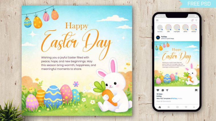 Happy Easter Day Social Media Design – Cute Bunny & Colorful Eggs Greeting Template 2026