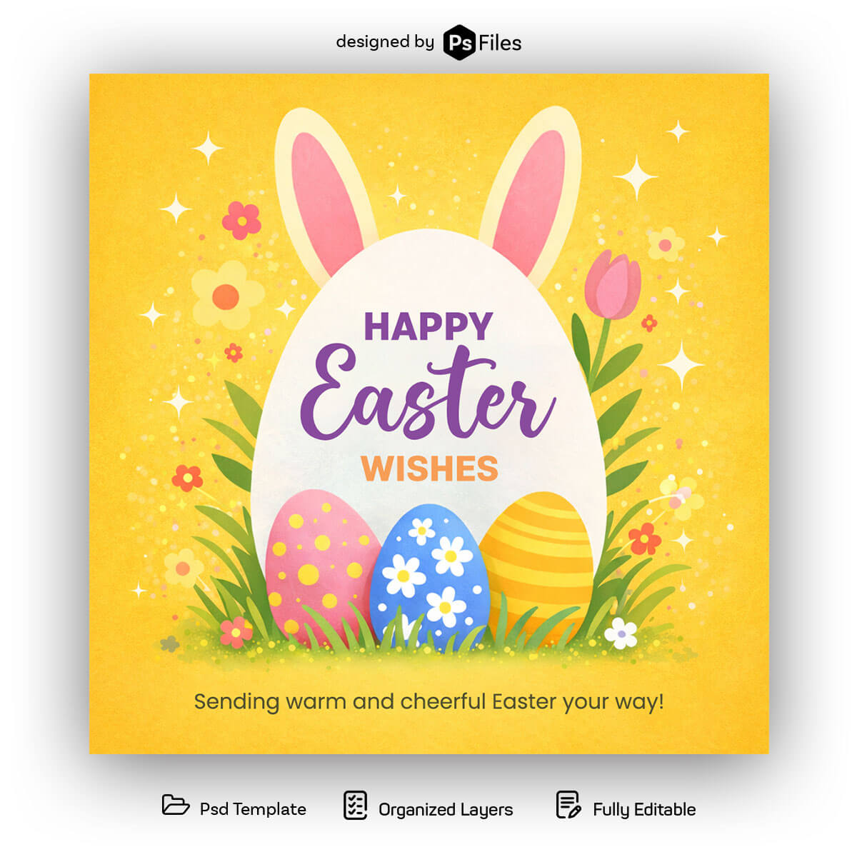 happy easter wishes bunny greeting design with colorful easter eggs social media template