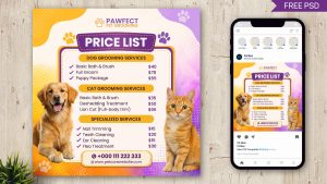 Free Pet Grooming Price List Instagram Post PSD Template