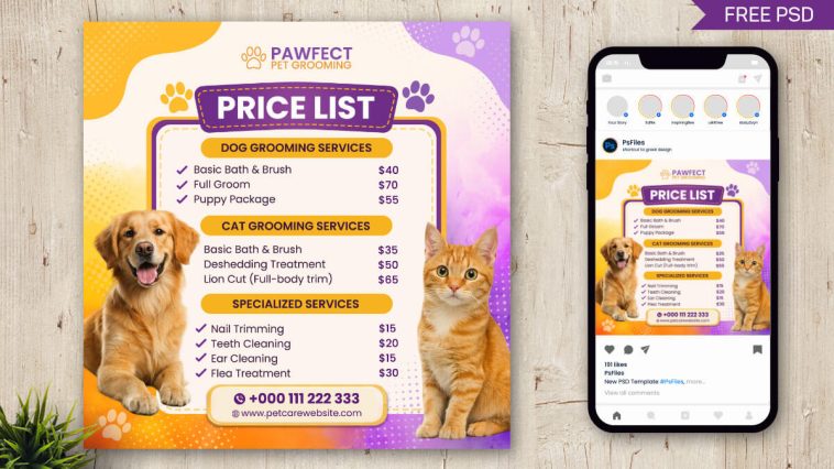 Free Pet Grooming Price List Instagram Post PSD Template