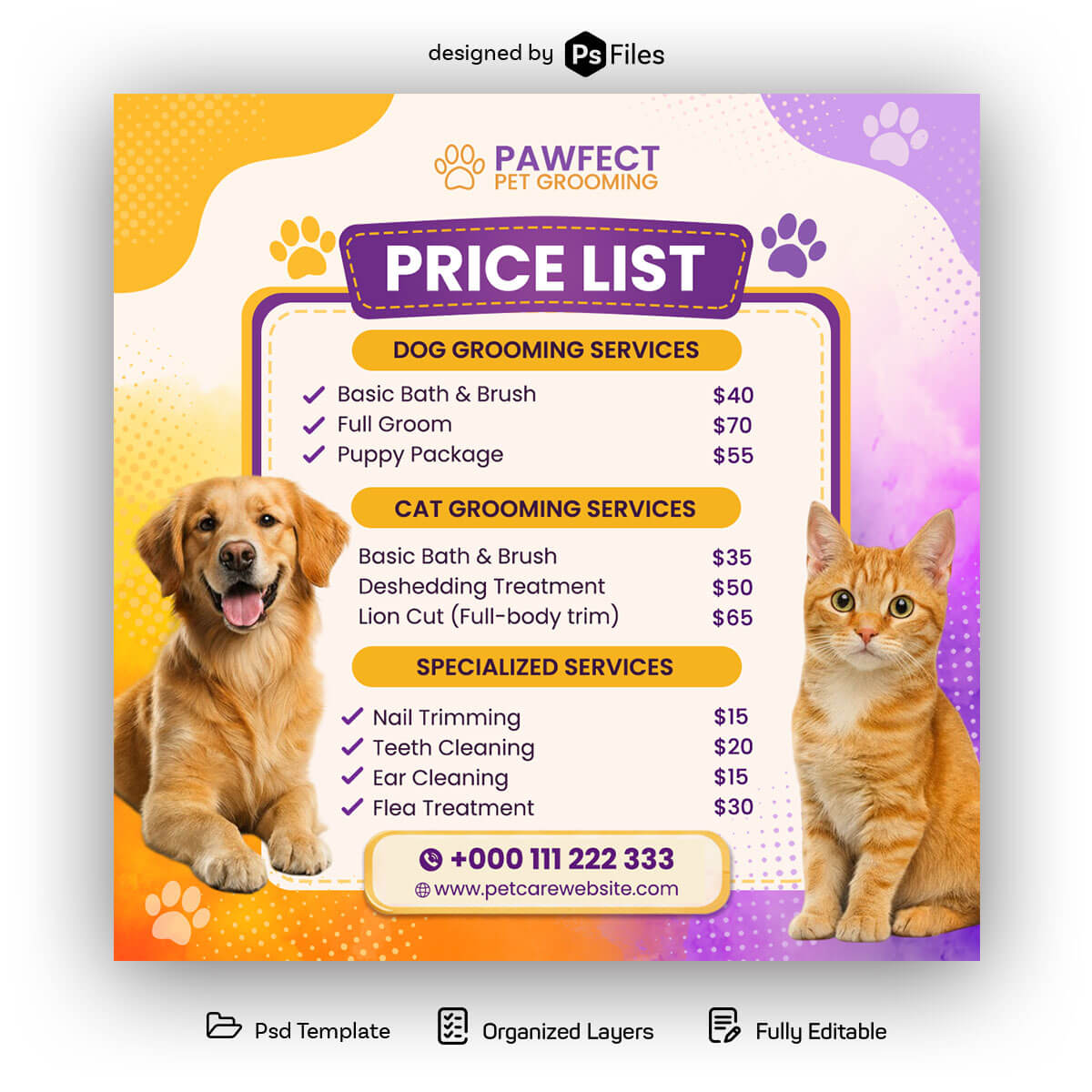 Free Pet Grooming Price List Instagram Post PSD Template