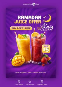 Ramadan juice offer social media post design PSD template for restaurant and juice shop promotion