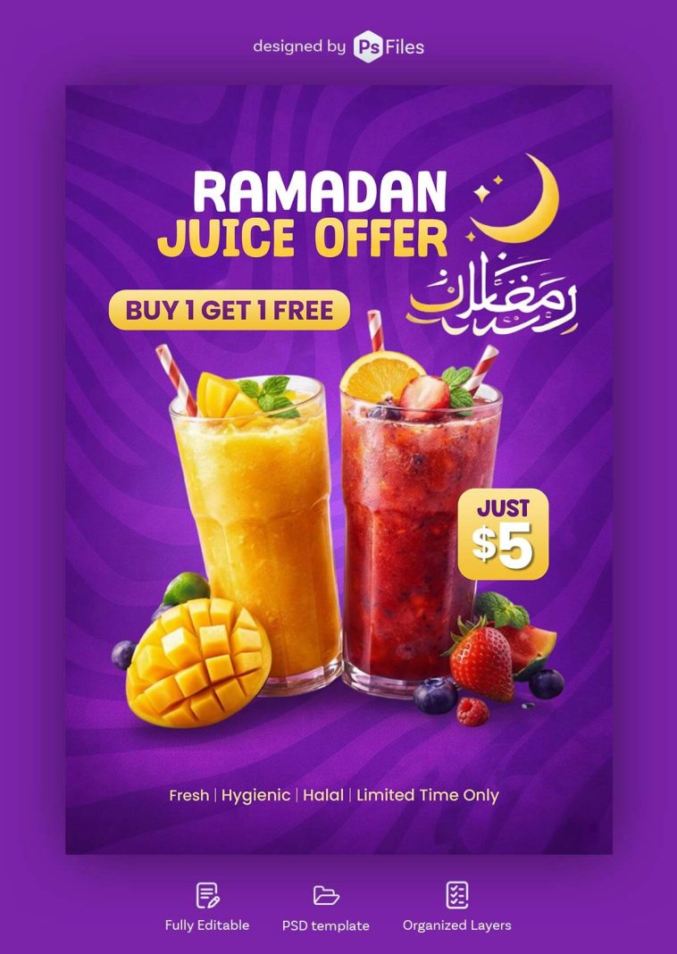 Ramadan juice offer social media post design PSD template for restaurant and juice shop promotion