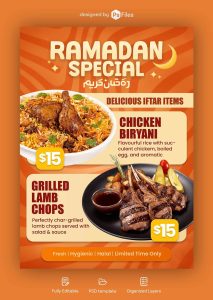 ramadan special food promotion social media post design PSD template for restaurant iftar menu advertisement