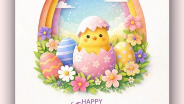 paper art style happy easter poster design with chick and colorful eggs PSD template for wishes status and story