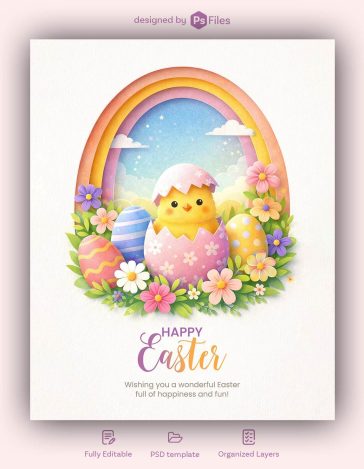 paper art style happy easter poster design with chick and colorful eggs PSD template for wishes status and story