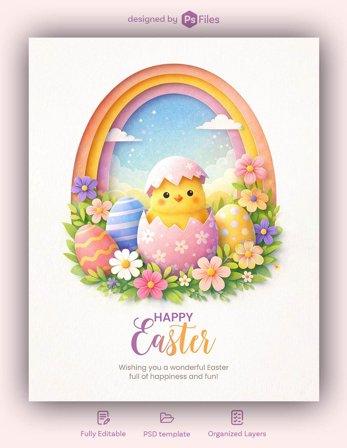 paper art style happy easter poster design with chick and colorful eggs PSD template for wishes status and story