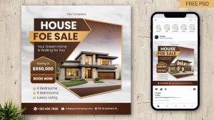 Free Modern House for Sale Social Media Post Design PSD Template – Real Estate Promotion Banner