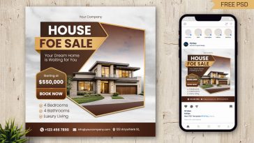 Free Modern House for Sale Social Media Post Design PSD Template – Real Estate Promotion Banner