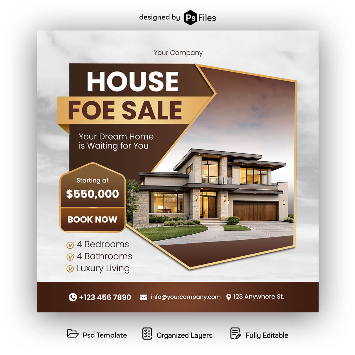 modern house for sale social media post design PSD template for real estate promotion banner Brown Color
