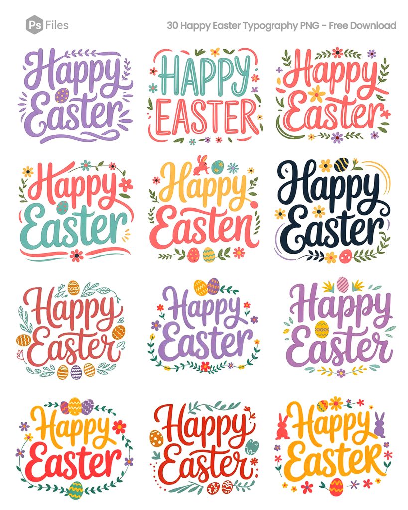 30 happy easter typography PNG free download colorful easter text styles transparent background bundle preview