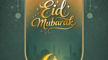 eid mubarak 2026 poster design with green gold islamic arch crescent lantern social media template