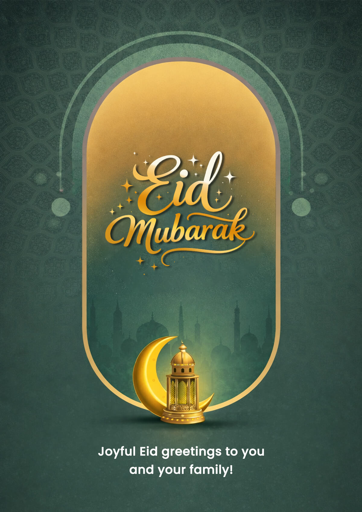 eid mubarak 2026 poster design with green gold islamic arch crescent lantern social media template