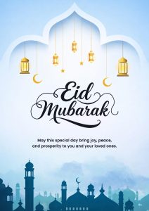 eid mubarak 2026 wishes poster design with mosque lanterns crescent moon islamic social media template