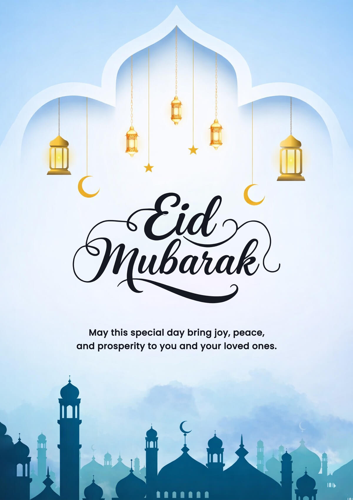 eid mubarak 2026 wishes poster design with mosque lanterns crescent moon islamic social media template