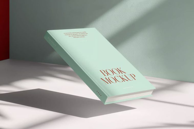 free levitating hardcover book mockup psd floating book cover mockup realistic shadow minimal background mrmockup download