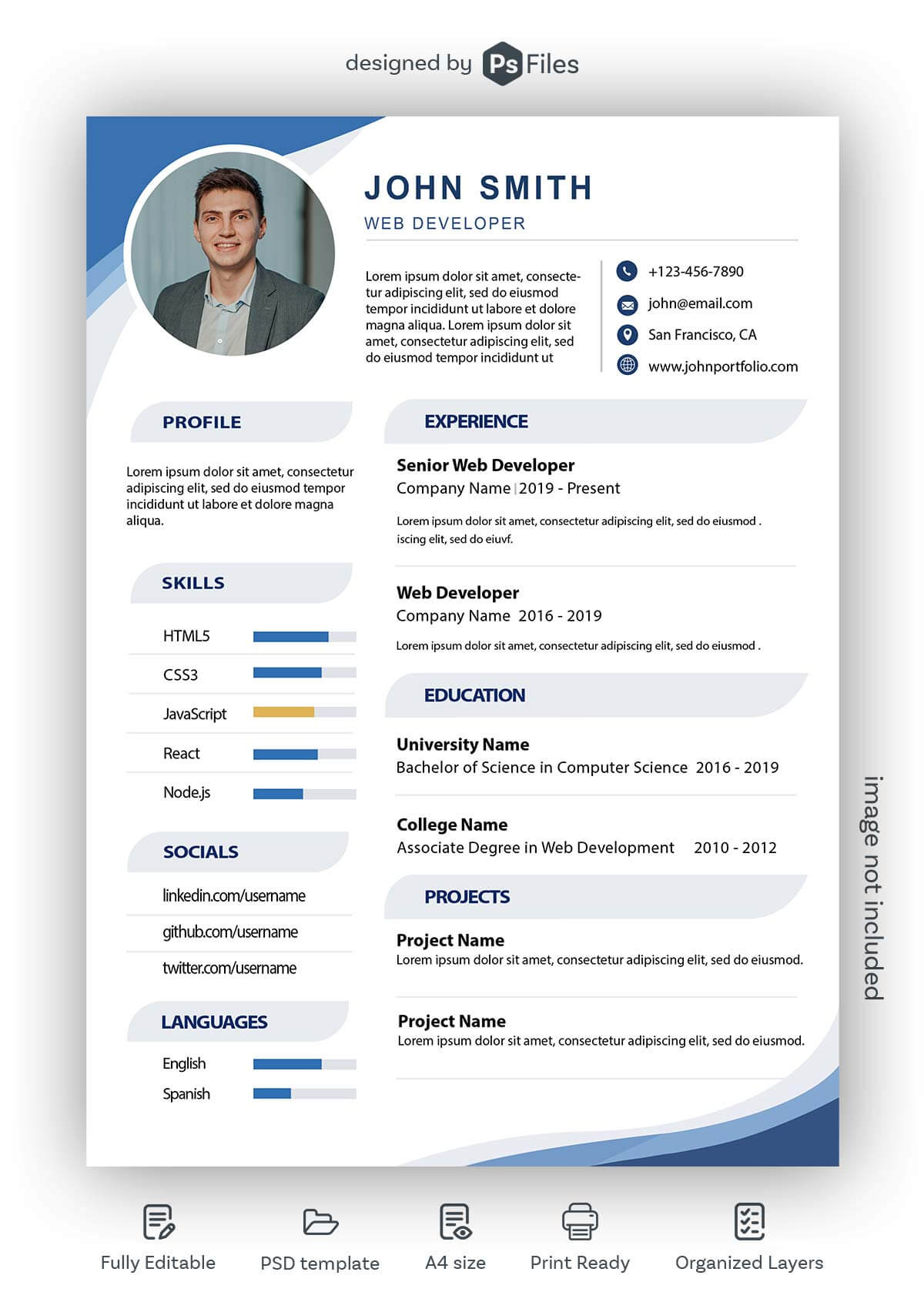 free web developer resume cv psd template editable a4 professional developer cv design modern resume layout html css javascript skills print ready template