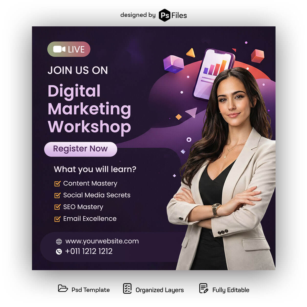 Free Digital Marketing Workshop Social Media Post Mockup PSD