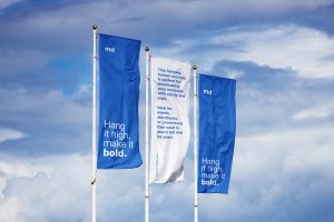 outdoor 3 flags mockup psd realistic branding event banner flags waving sky background