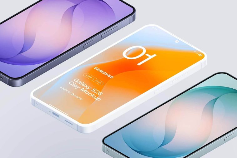 free samsung galaxy s26 mockup psd fig isometric mobile phone mockup multiple angle views smartphone ui presentation template download