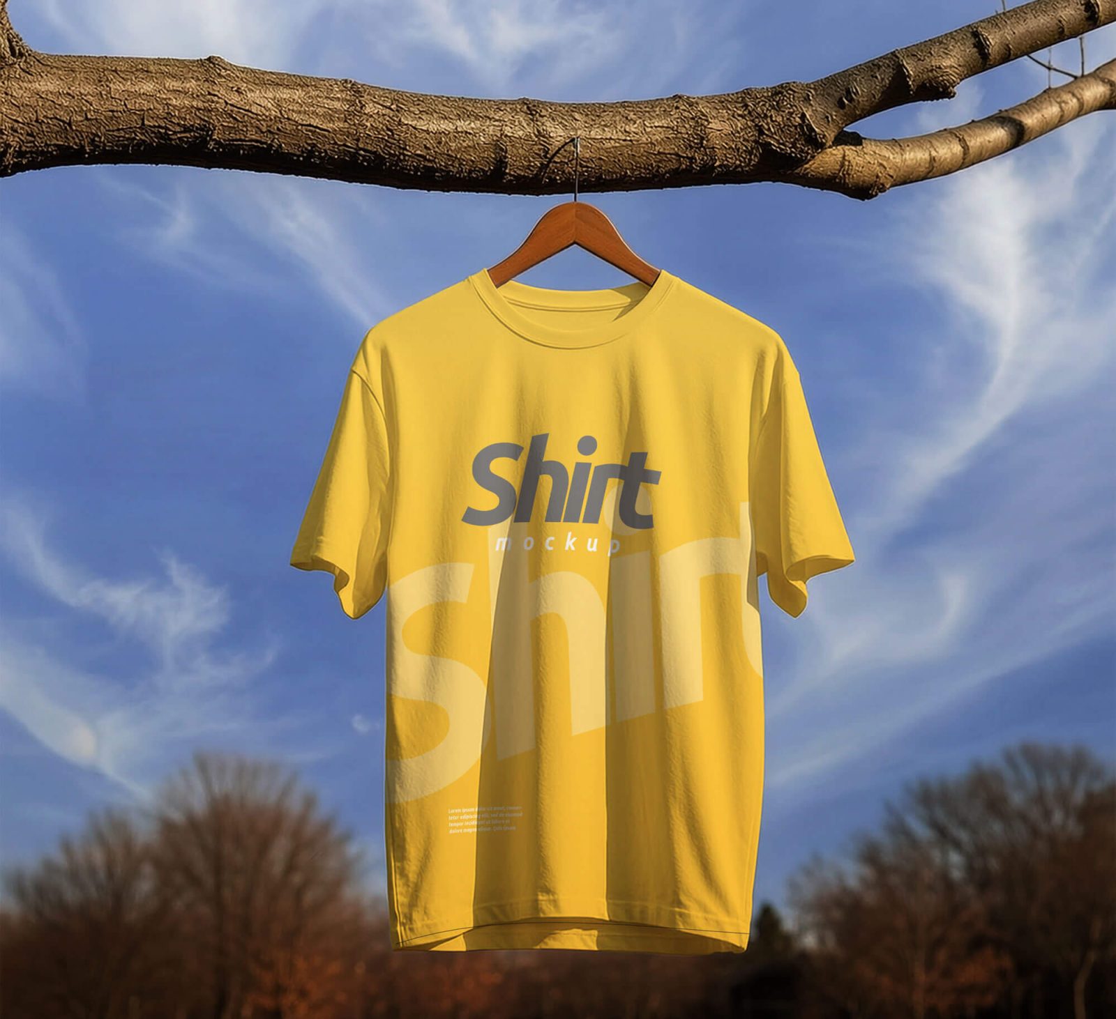 t shirt mockup hanging on tree outdoor realistic apparel design psd template