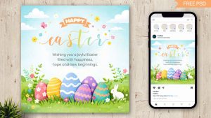 Happy Easter Day Social Media Design PSD Happy Easter Day Social Media Design PSD – Bunny & Colorful Eggs Greeting Template 2026