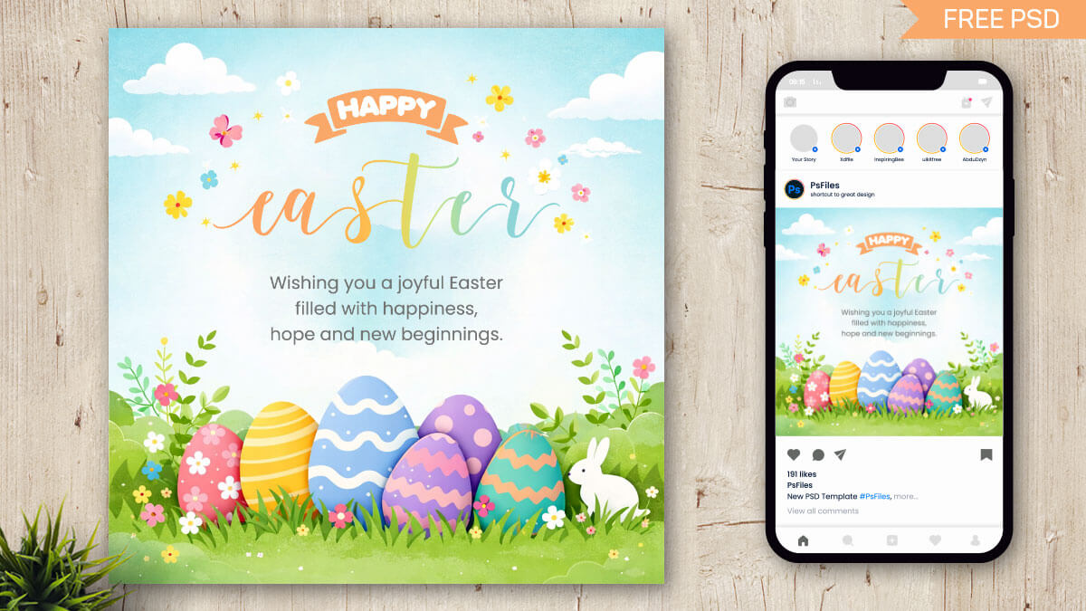 Happy Easter Day Social Media Design PSD Happy Easter Day Social Media Design PSD – Bunny & Colorful Eggs Greeting Template 2026