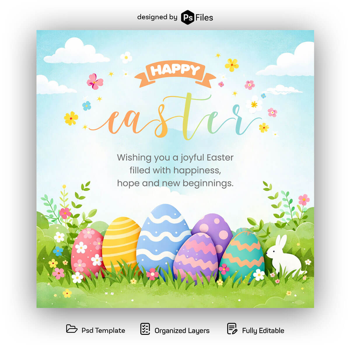 happy easter wishes poster colorful eggs bunny spring background easter sunday greeting design psd free download