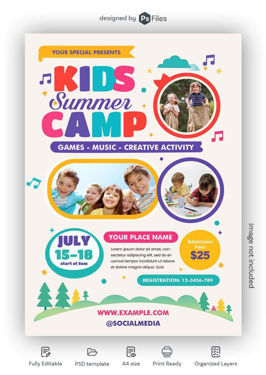kids summer camp flyer psd template colorful children vacation camp poster design games music creative activity event flyer free download