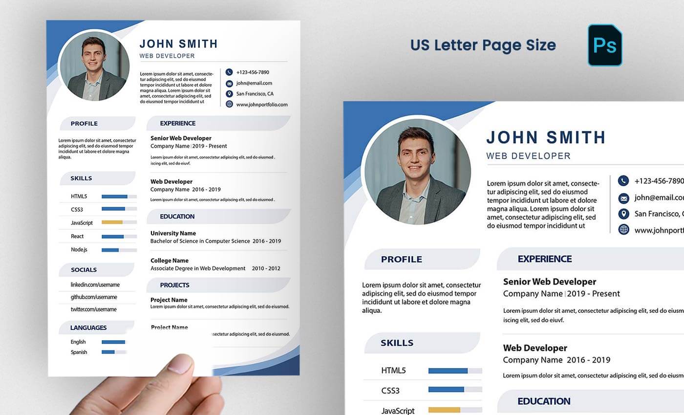 Free Web Developer Resume CV PSD Template – Editable Professional A4 CV Design Download